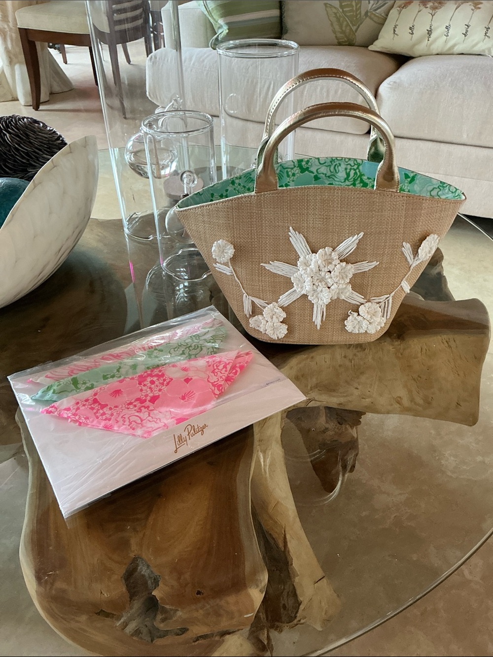 Lilly Pulitzer Panama Straw Bag & set Head Scarves  in “Burst of Joy” collection